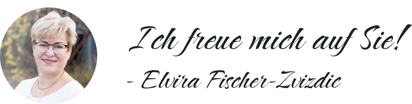 Porträtfoto von Elvira Fischer-Zvizdic mit Zitat „Ich freue mich auf Sie!“