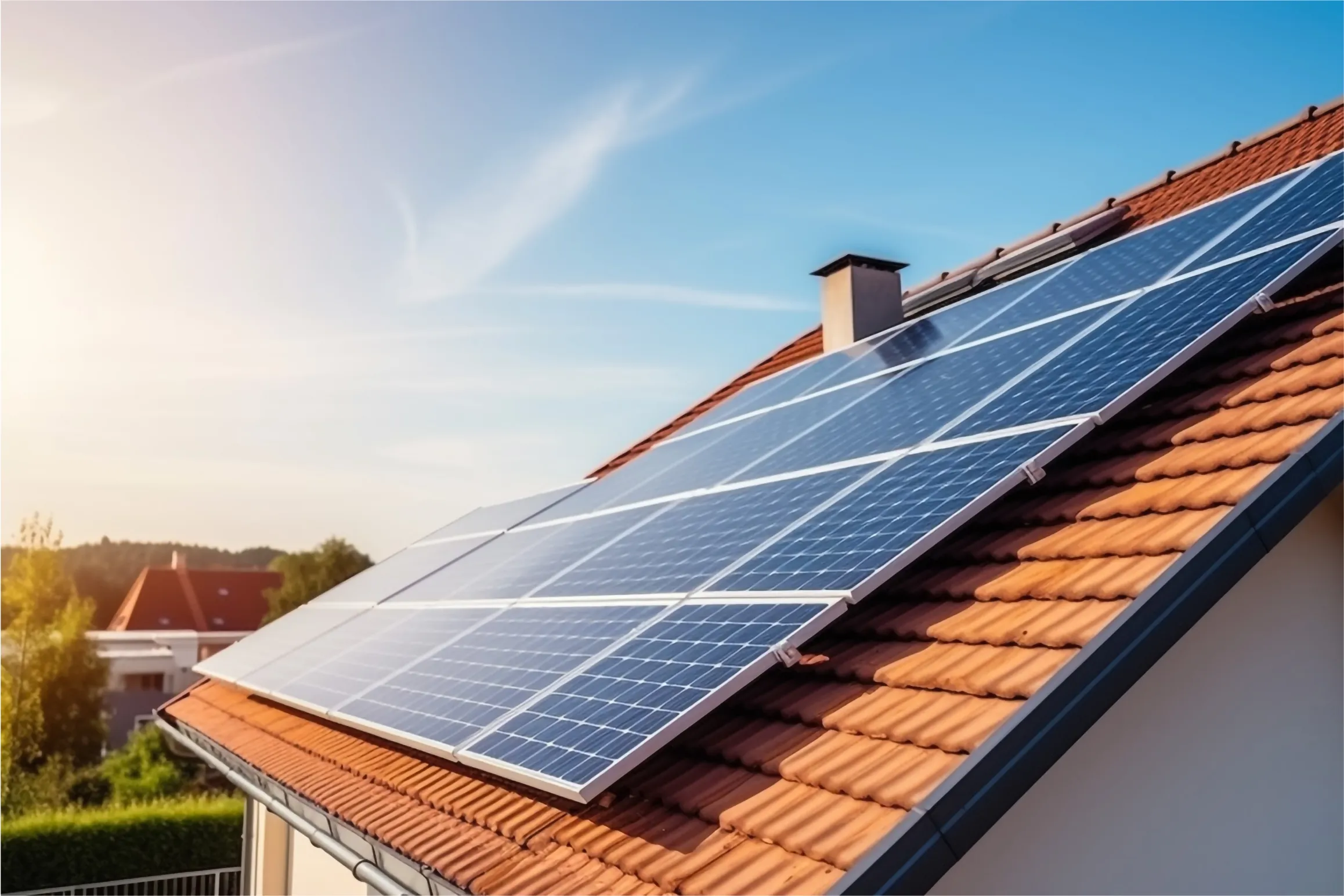 Solarmodule auf rotem Ziegeldach mit Kamin vor klarem blauem Himmel