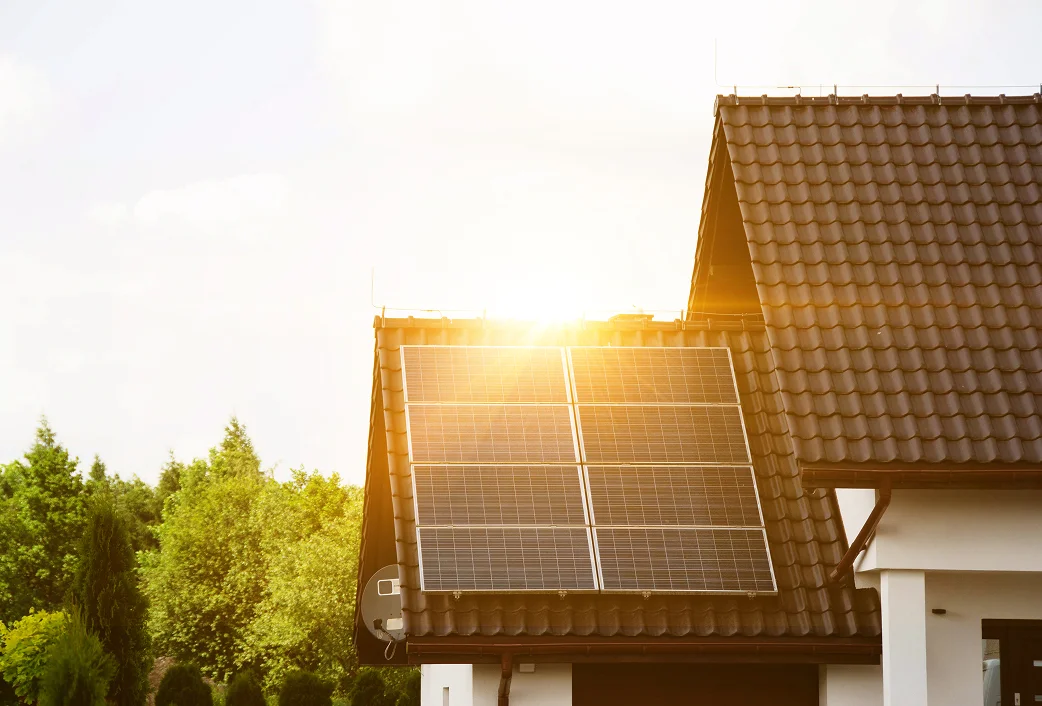 Solarmodule auf braunem Ziegeldach im Sonnenuntergang mit Bäumen im Hintergrund